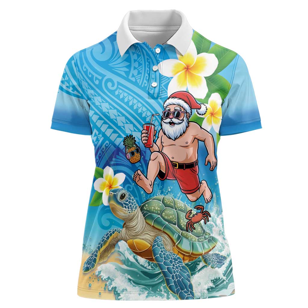 Polynesian Merry Christmas Women Polo Shirt Funny Santa with Sea Turtle Beach Plumeria LT03 Female Multicolor - Polynesian Pride