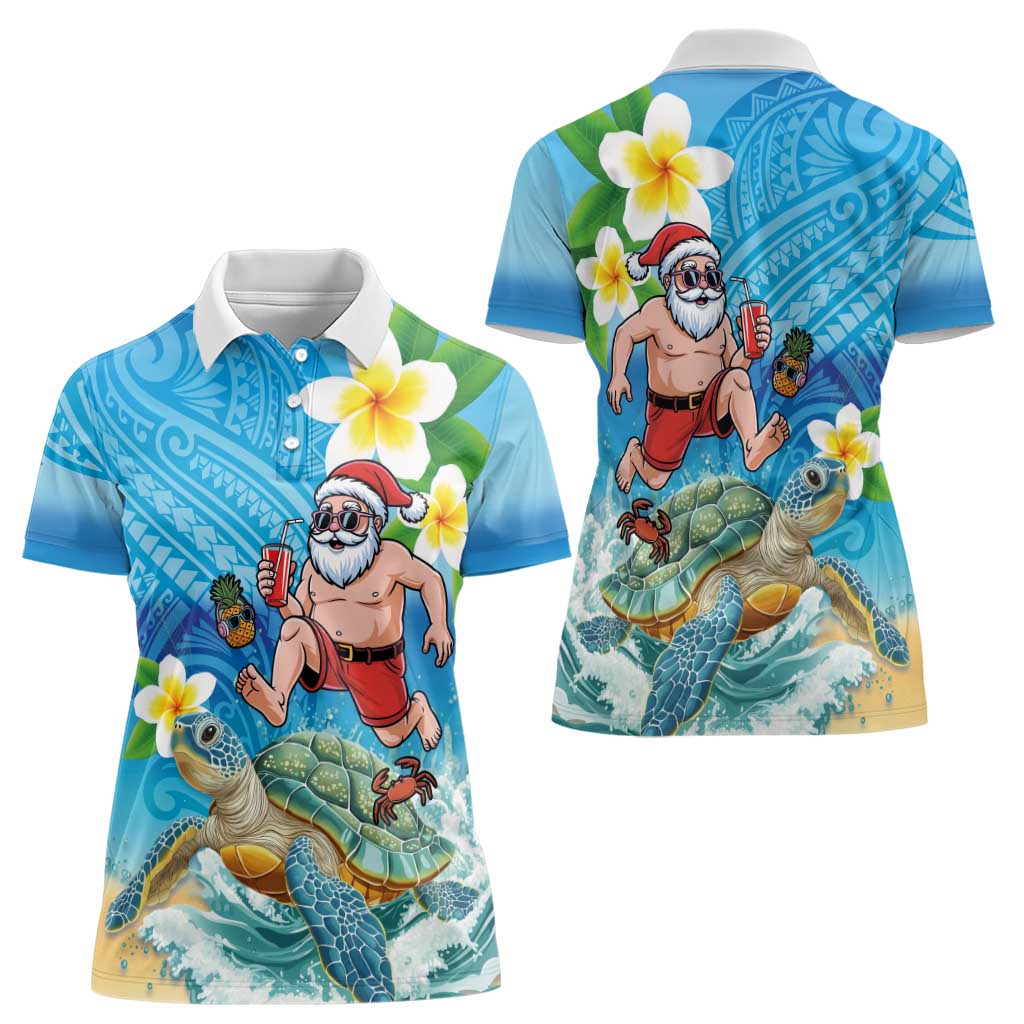 Polynesian Merry Christmas Women Polo Shirt Funny Santa with Sea Turtle Beach Plumeria LT03 - Polynesian Pride