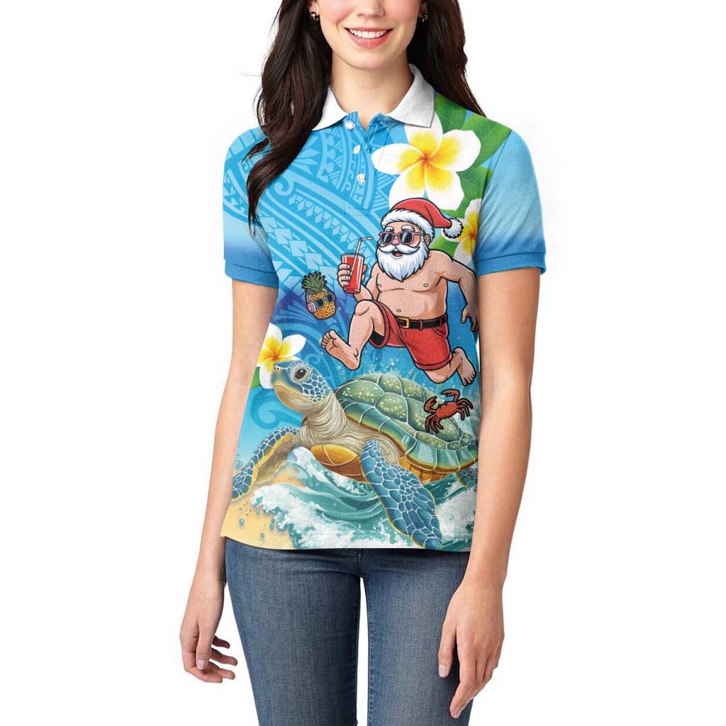 Polynesian Merry Christmas Women Polo Shirt Funny Santa with Sea Turtle Beach Plumeria LT03 - Polynesian Pride