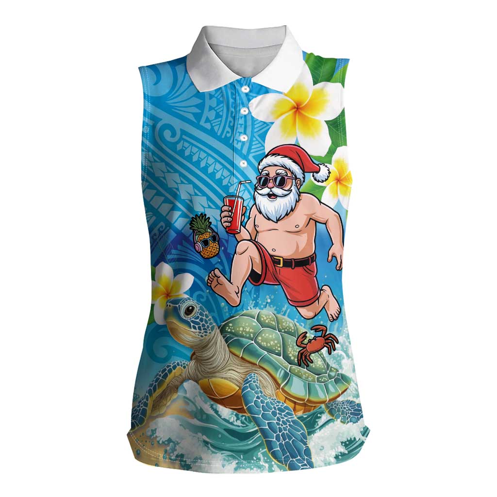 Polynesian Merry Christmas Women Sleeveless Polo Shirt Funny Santa with Sea Turtle Beach Plumeria LT03 Female Multicolor - Polynesian Pride