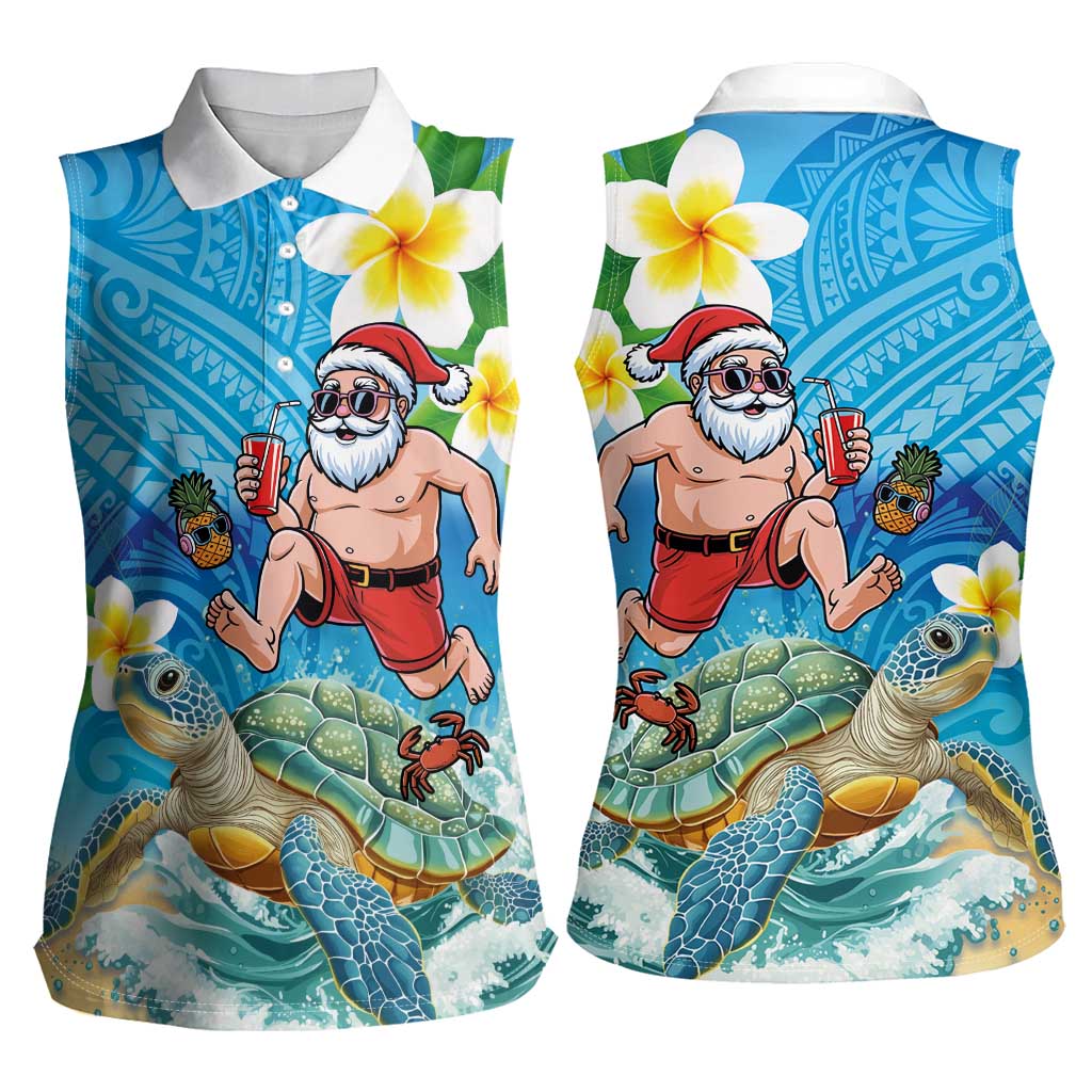Polynesian Merry Christmas Women Sleeveless Polo Shirt Funny Santa with Sea Turtle Beach Plumeria LT03 - Polynesian Pride