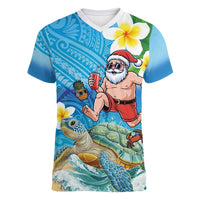 Polynesian Merry Christmas Women V-Neck T-Shirt Funny Santa with Sea Turtle Beach Plumeria LT03 Female Multicolor - Polynesian Pride