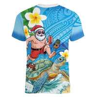 Polynesian Merry Christmas Women V-Neck T-Shirt Funny Santa with Sea Turtle Beach Plumeria LT03 - Polynesian Pride