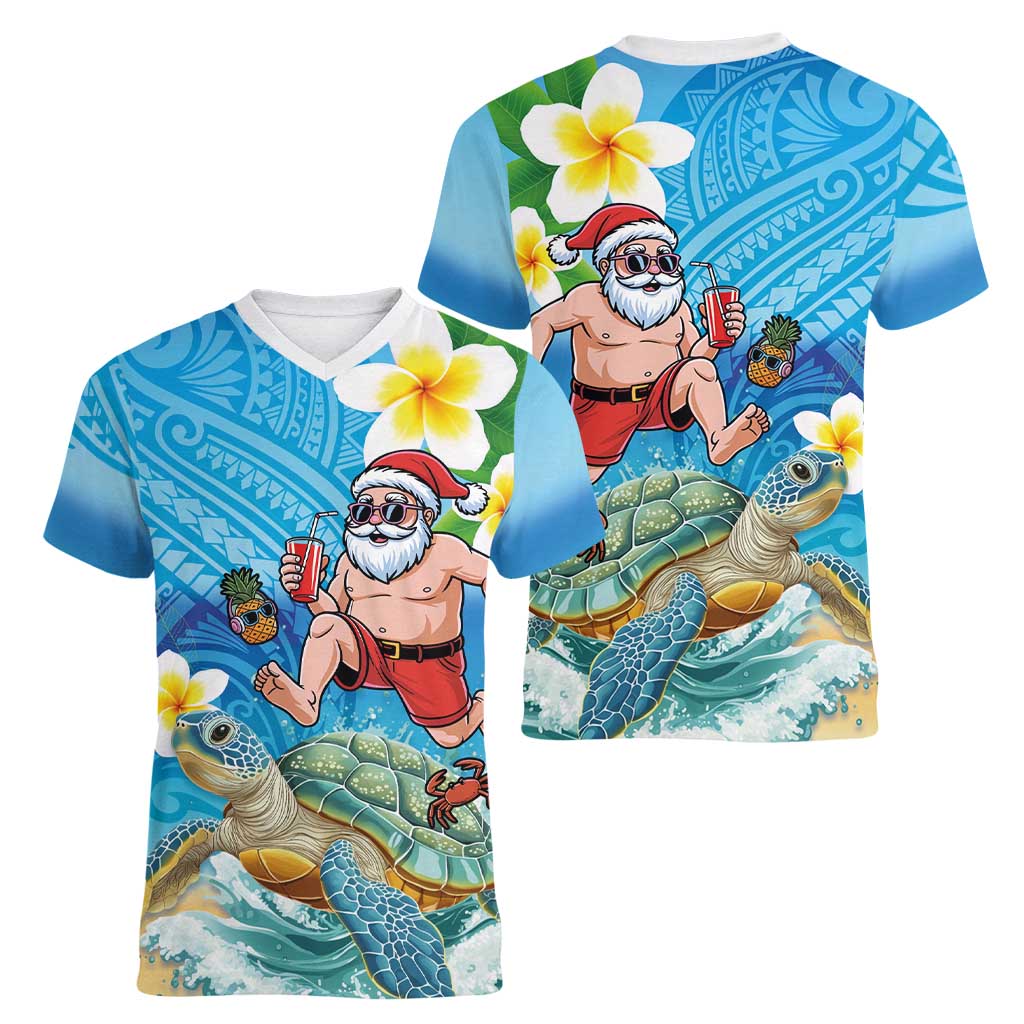 Polynesian Merry Christmas Women V-Neck T-Shirt Funny Santa with Sea Turtle Beach Plumeria LT03 - Polynesian Pride
