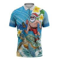 Polynesian Merry Christmas Zipper Polo Shirt Funny Santa with Sea Turtle Beach Plumeria LT03 Multicolor - Polynesian Pride