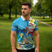 Polynesian Merry Christmas Zipper Polo Shirt Funny Santa with Sea Turtle Beach Plumeria LT03 - Polynesian Pride