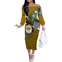 Hawaii James Campbell High School Family Matching Off Shoulder Long Sleeve Dress and Hawaiian Shirt Kakau Pattern Gold Color Version LT03 Mom's Dress Gold - Polynesian Pride