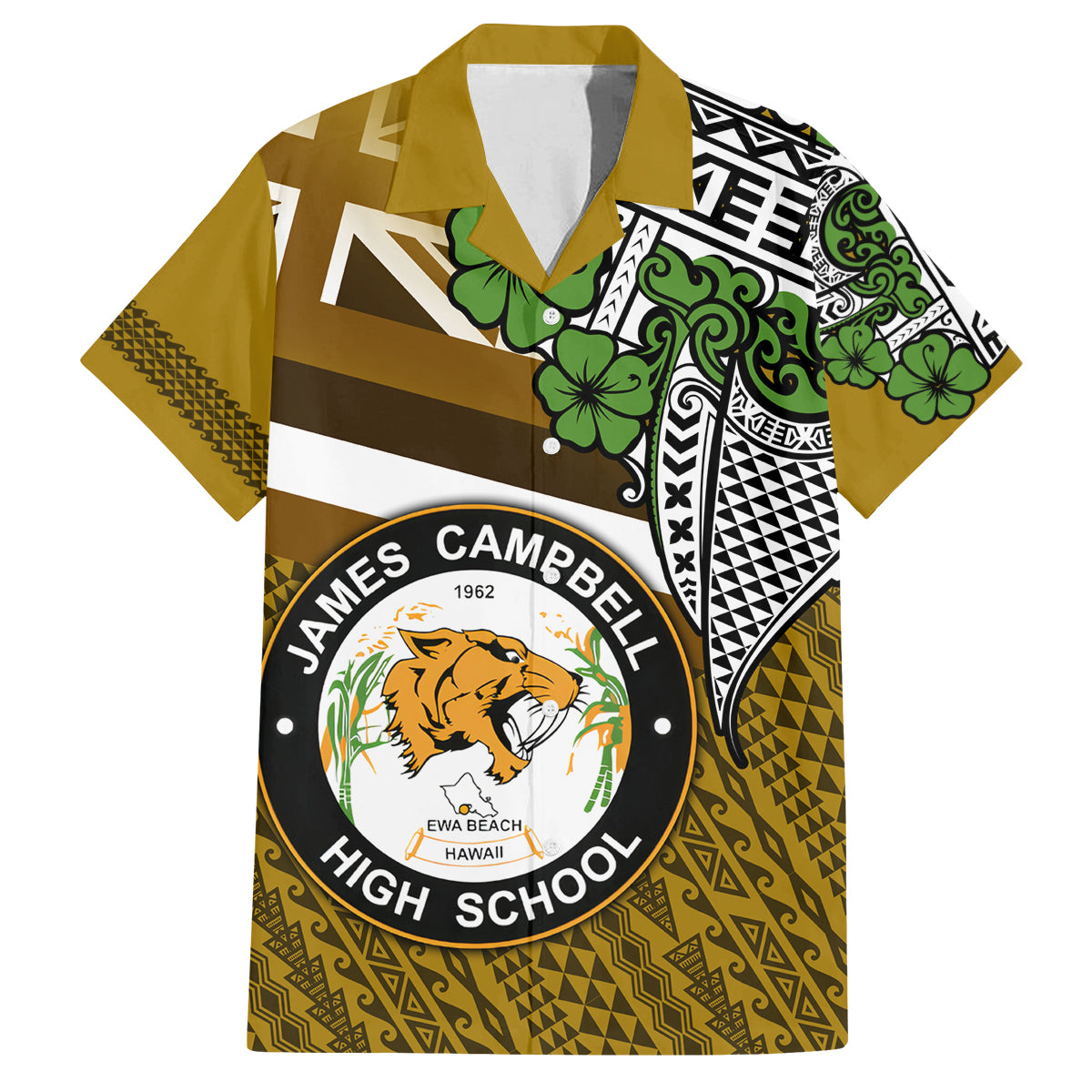 Hawaii James Campbell High School Family Matching Summer Maxi Dress and Hawaiian Shirt Kakau Pattern Gold Color Version LT03 Dad's Shirt - Short Sleeve Gold - Polynesian Pride