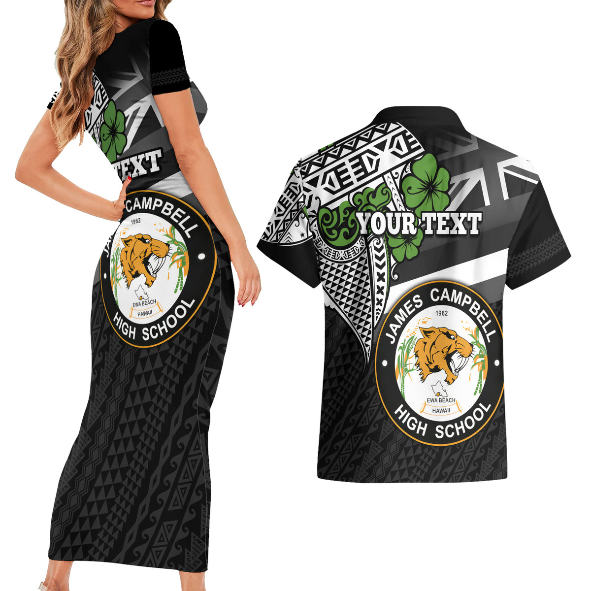 Hawaii James Campbell High School Couples Matching Short Sleeve Bodycon Dress and Hawaiian Shirt Kakau Pattern Black Version LT03 - Polynesian Pride