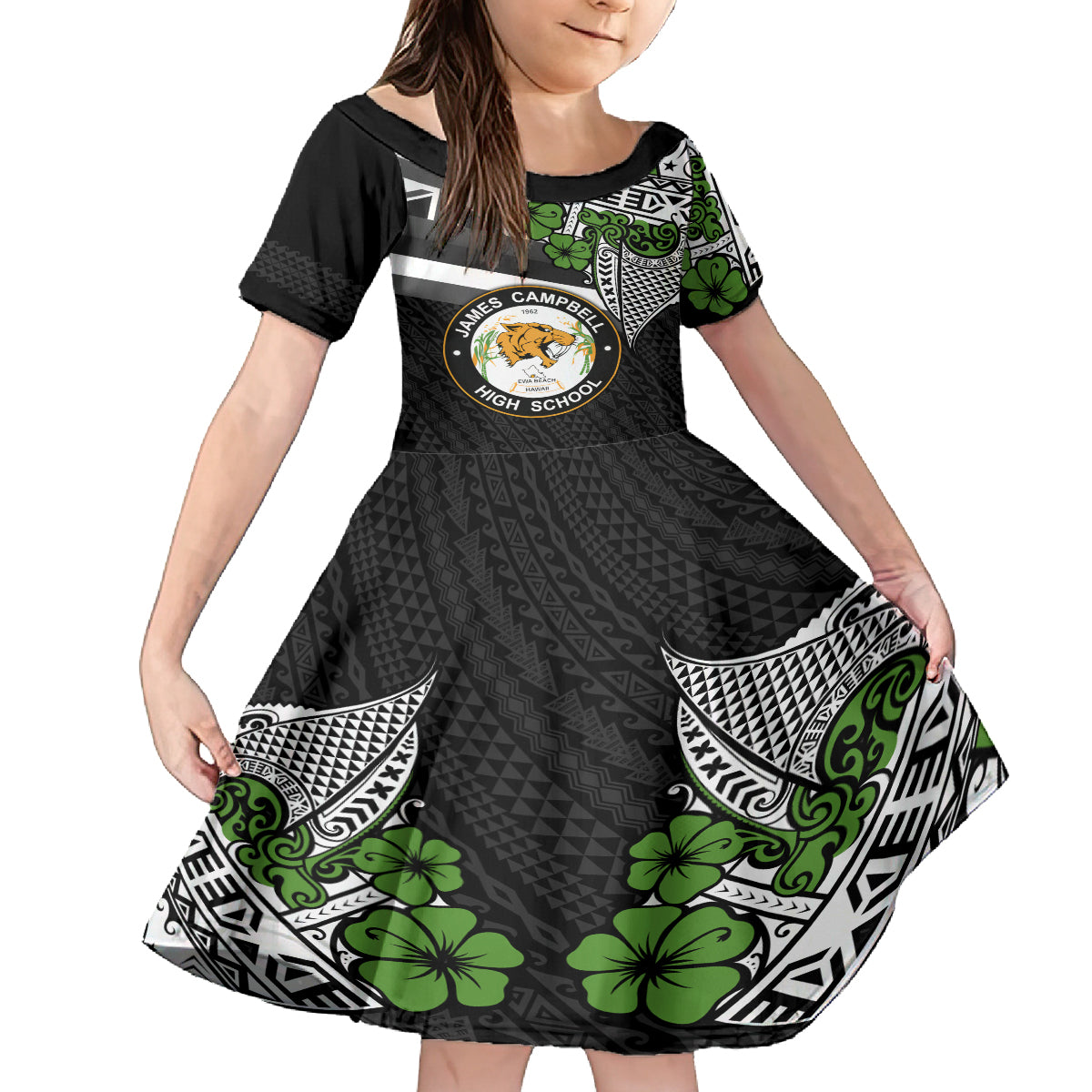 Hawaii James Campbell High School Family Matching Puletasi Dress and Hawaiian Shirt Kakau Pattern Black Version LT03 Daughter's Dress Black - Polynesian Pride