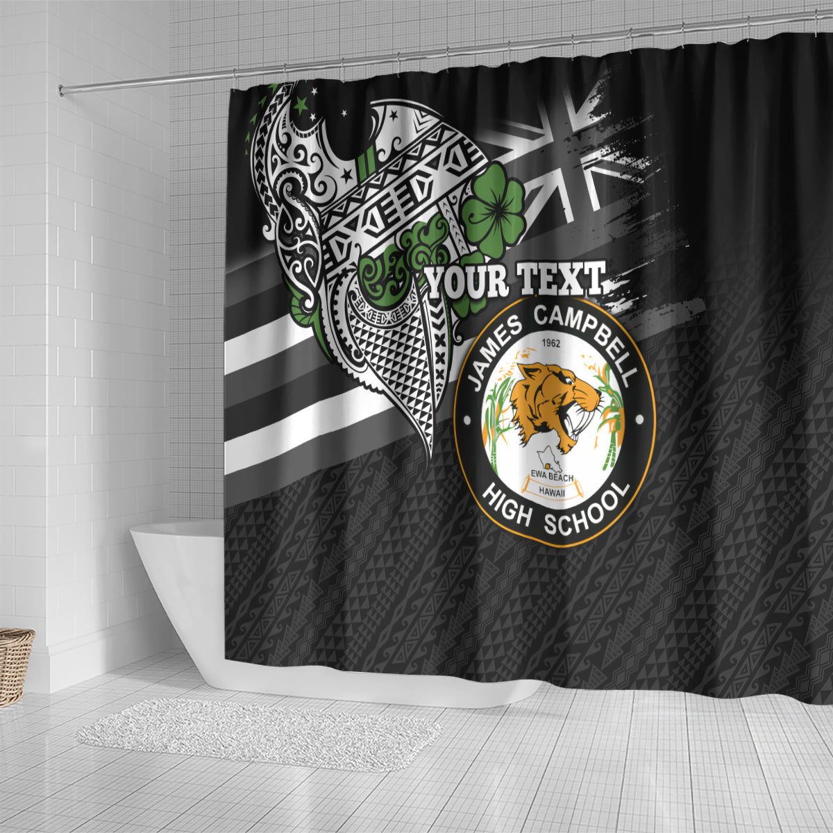 Hawaii James Campbell High School Shower Curtain Kakau Pattern Black Version LT03 - Polynesian Pride