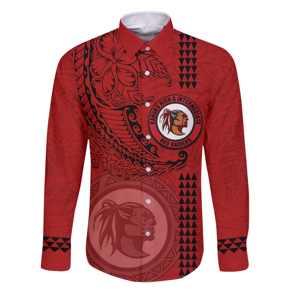 Hawaii Kahuku High & Intermediate School Family Matching Off Shoulder Maxi Dress and Hawaiian Shirt Tribal Kakau Pattern LT03 Dad's Shirt - Long Sleeve Red - Polynesian Pride