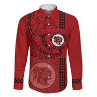 Hawaii Kahuku High & Intermediate School Family Matching Off Shoulder Maxi Dress and Hawaiian Shirt Tribal Kakau Pattern LT03 Dad's Shirt - Long Sleeve Red - Polynesian Pride