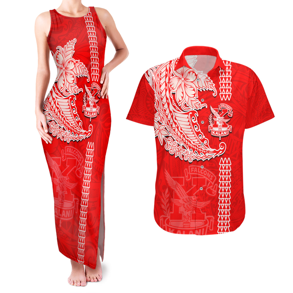 Hawaii Kalani High School Couples Matching Tank Maxi Dress and Hawaiian Shirt Tribal Kakau Pattern LT03 Red - Polynesian Pride