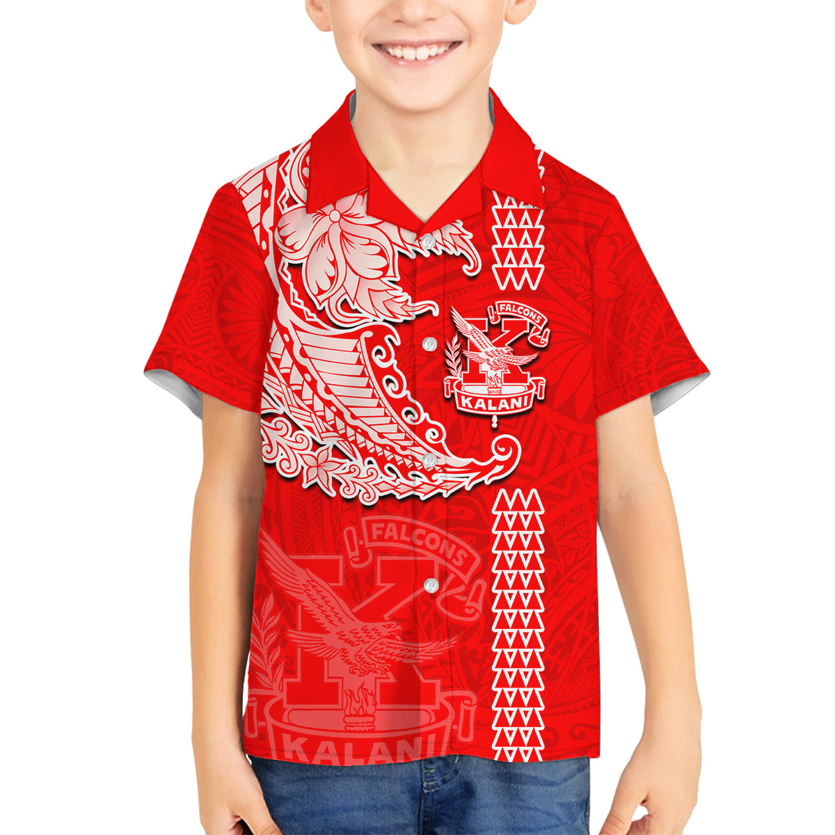 Hawaii Kalani High School Family Matching Off Shoulder Short Dress and Hawaiian Shirt Tribal Kakau Pattern LT03 Son's Shirt Red - Polynesian Pride
