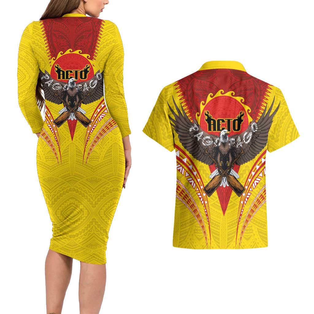 American Samoa Fautasi Race Couples Matching Long Sleeve Bodycon Dress and Hawaiian Shirt Pago Pago-Aeto Samoan Tattoo and Eagle LT03 - Polynesian Pride