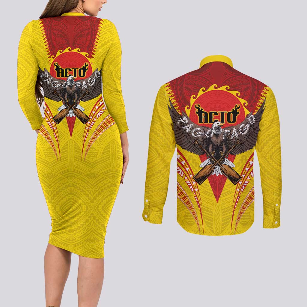 American Samoa Fautasi Race Couples Matching Long Sleeve Bodycon Dress and Long Sleeve Button Shirt Pago Pago-Aeto Samoan Tattoo and Eagle LT03 - Polynesian Pride