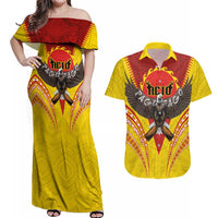 American Samoa Fautasi Race Couples Matching Off Shoulder Maxi Dress and Hawaiian Shirt Pago Pago-Aeto Samoan Tattoo and Eagle LT03 Yellow - Polynesian Pride