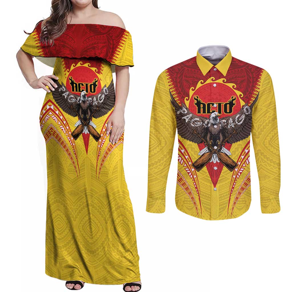 American Samoa Fautasi Race Couples Matching Off Shoulder Maxi Dress and Long Sleeve Button Shirt Pago Pago-Aeto Samoan Tattoo and Eagle LT03 Yellow - Polynesian Pride