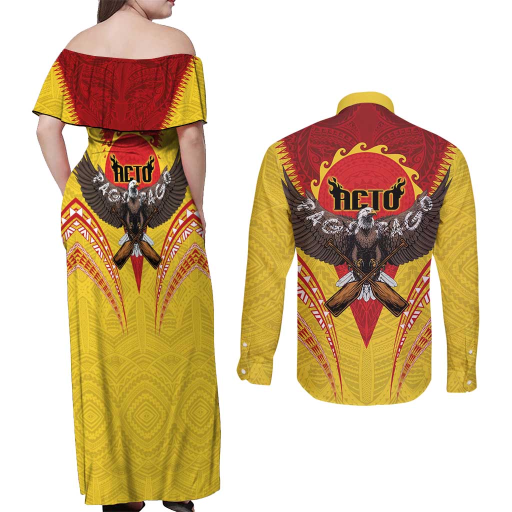 American Samoa Fautasi Race Couples Matching Off Shoulder Maxi Dress and Long Sleeve Button Shirt Pago Pago-Aeto Samoan Tattoo and Eagle LT03 - Polynesian Pride