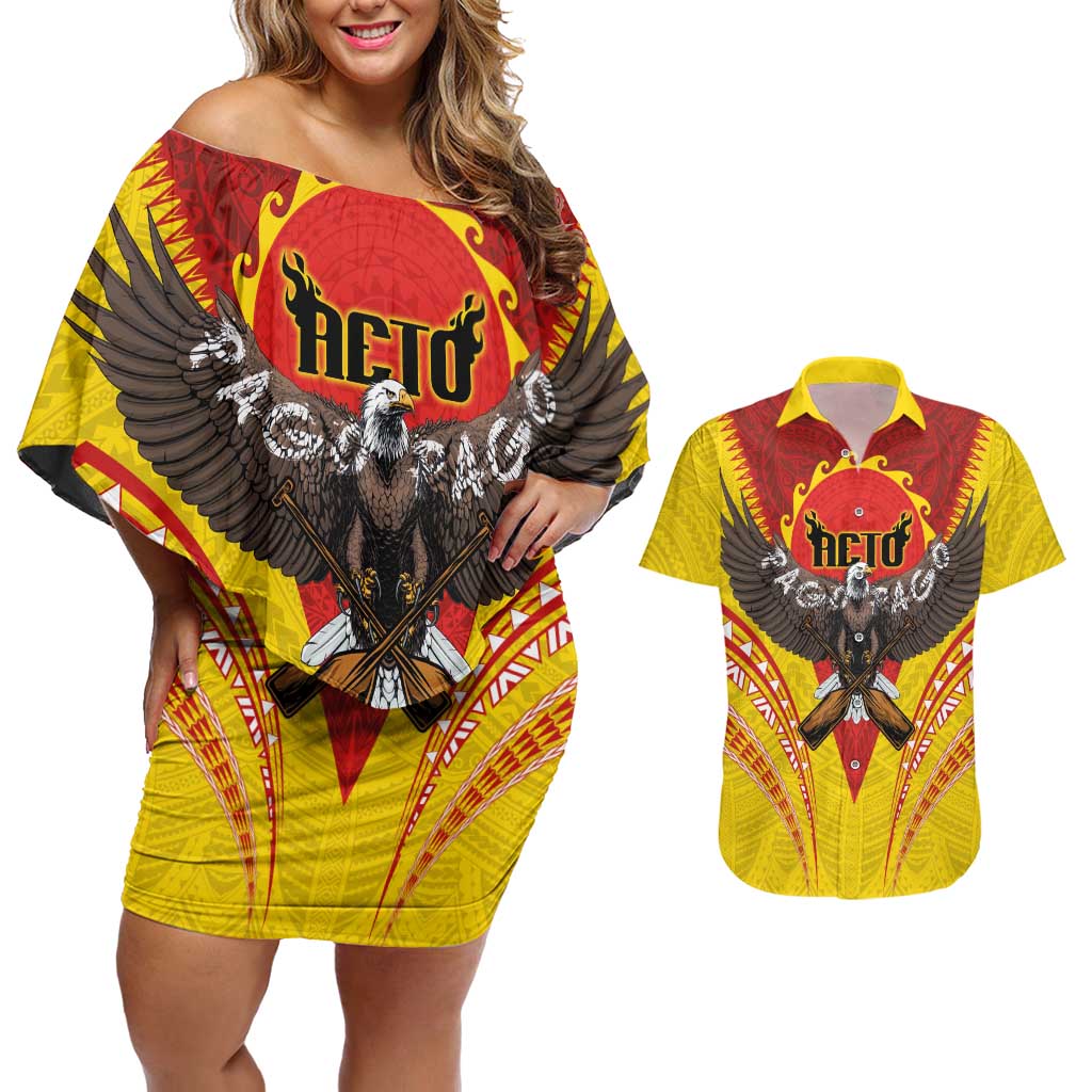 American Samoa Fautasi Race Couples Matching Off Shoulder Short Dress and Hawaiian Shirt Pago Pago-Aeto Samoan Tattoo and Eagle