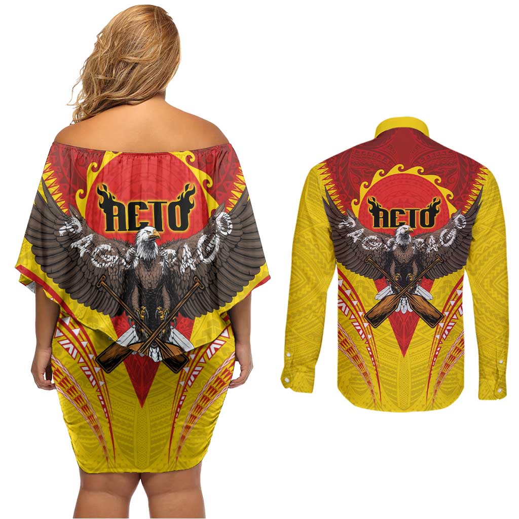 American Samoa Fautasi Race Couples Matching Off Shoulder Short Dress and Long Sleeve Button Shirt Pago Pago-Aeto Samoan Tattoo and Eagle LT03 - Polynesian Pride
