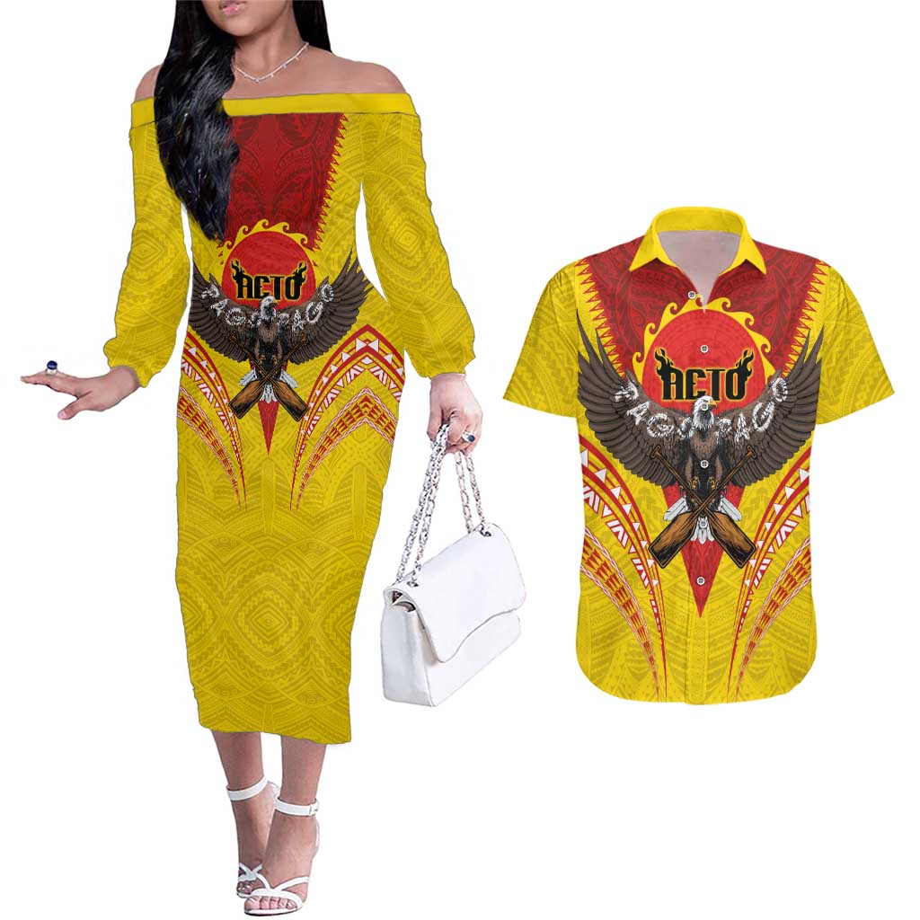 American Samoa Fautasi Race Couples Matching Off The Shoulder Long Sleeve Dress and Hawaiian Shirt Pago Pago-Aeto Samoan Tattoo and Eagle