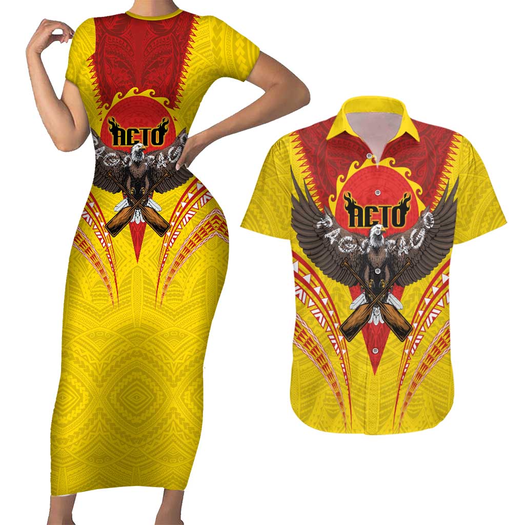 American Samoa Fautasi Race Couples Matching Short Sleeve Bodycon Dress and Hawaiian Shirt Pago Pago-Aeto Samoan Tattoo and Eagle LT03 Yellow - Polynesian Pride