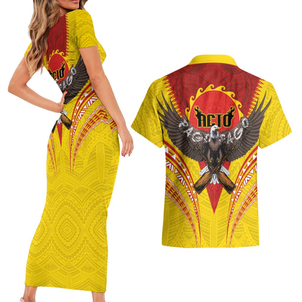 American Samoa Fautasi Race Couples Matching Short Sleeve Bodycon Dress and Hawaiian Shirt Pago Pago-Aeto Samoan Tattoo and Eagle LT03 - Polynesian Pride