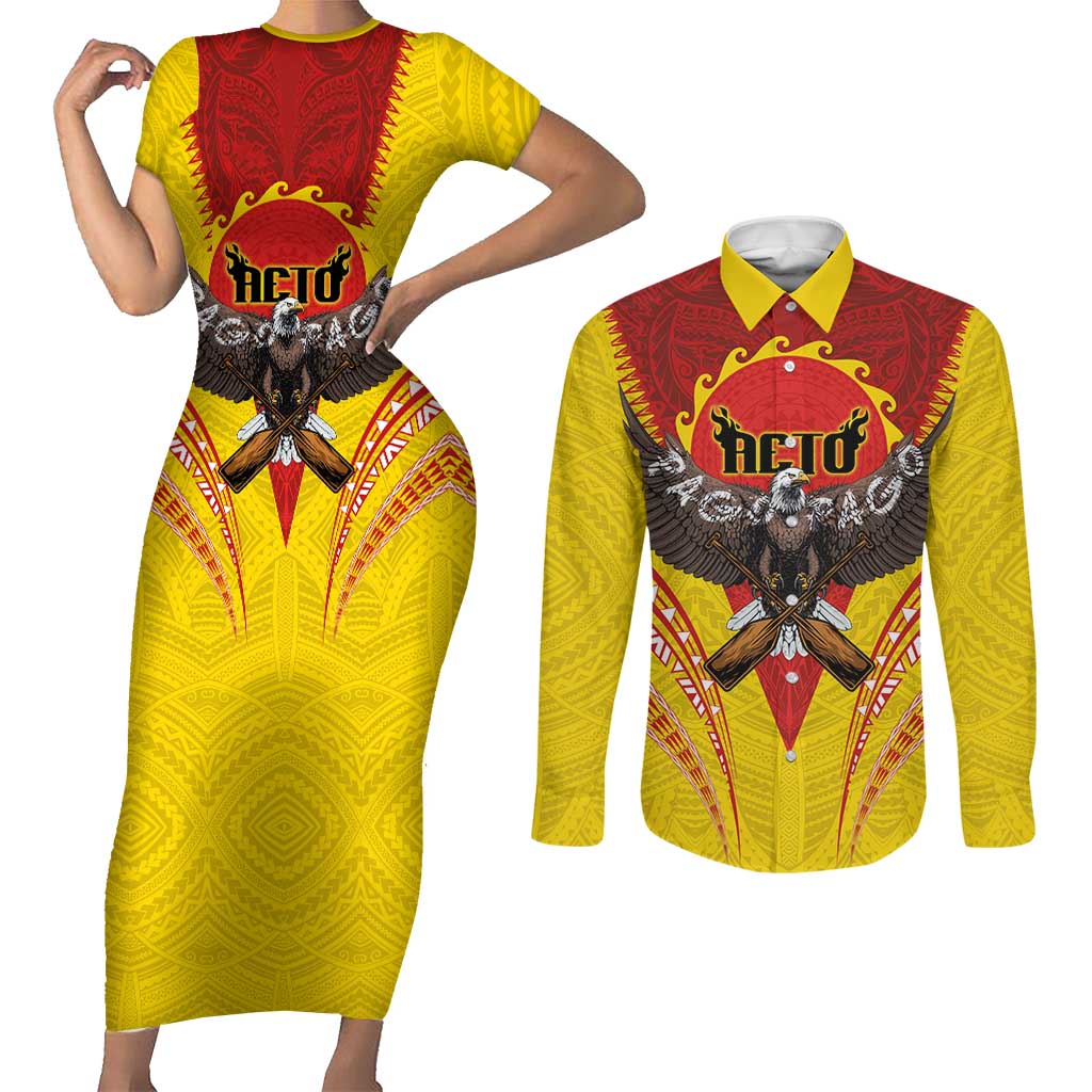 American Samoa Fautasi Race Couples Matching Short Sleeve Bodycon Dress and Long Sleeve Button Shirt Pago Pago-Aeto Samoan Tattoo and Eagle LT03 Yellow - Polynesian Pride