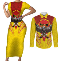 American Samoa Fautasi Race Couples Matching Short Sleeve Bodycon Dress and Long Sleeve Button Shirt Pago Pago-Aeto Samoan Tattoo and Eagle LT03 Yellow - Polynesian Pride