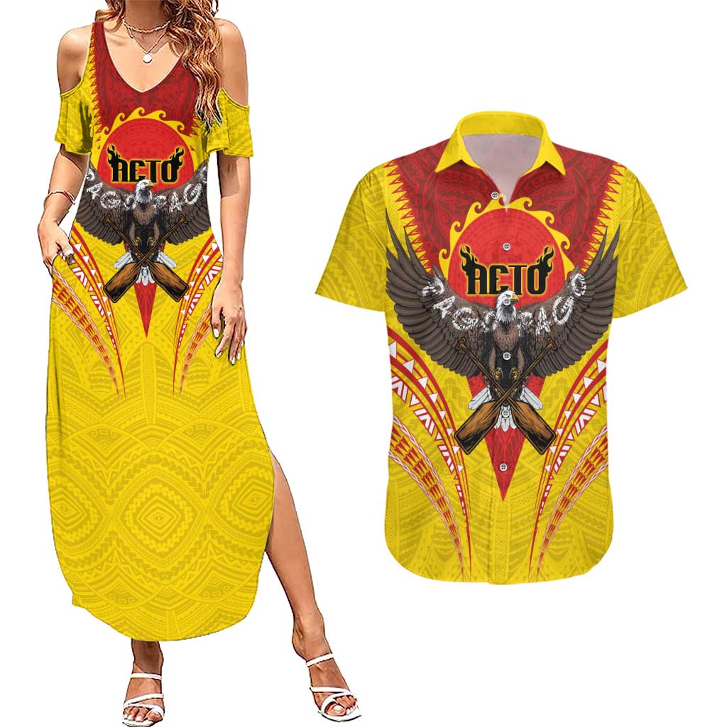 American Samoa Fautasi Race Couples Matching Summer Maxi Dress and Hawaiian Shirt Pago Pago-Aeto Samoan Tattoo and Eagle LT03 Yellow - Polynesian Pride