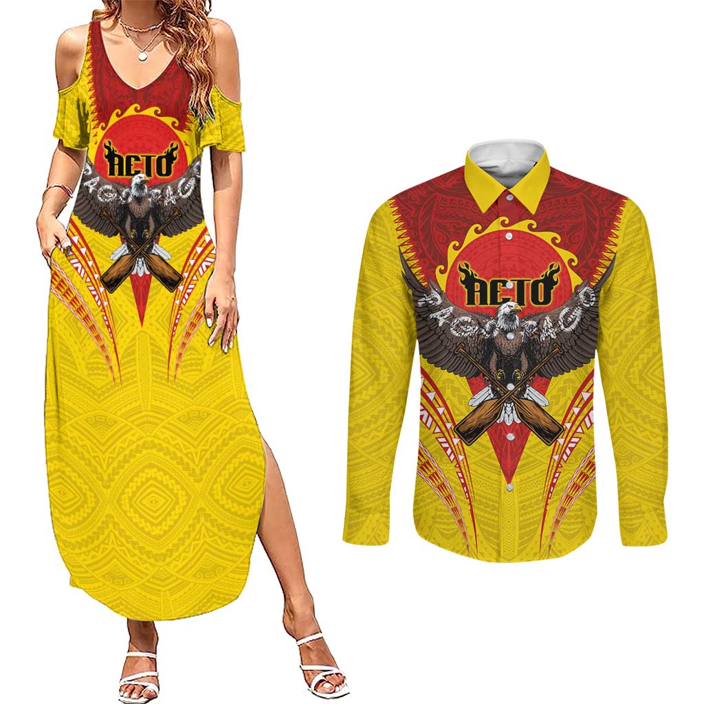 American Samoa Fautasi Race Couples Matching Summer Maxi Dress and Long Sleeve Button Shirt Pago Pago-Aeto Samoan Tattoo and Eagle LT03 Yellow - Polynesian Pride
