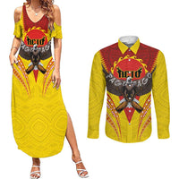 American Samoa Fautasi Race Couples Matching Summer Maxi Dress and Long Sleeve Button Shirt Pago Pago-Aeto Samoan Tattoo and Eagle LT03 Yellow - Polynesian Pride