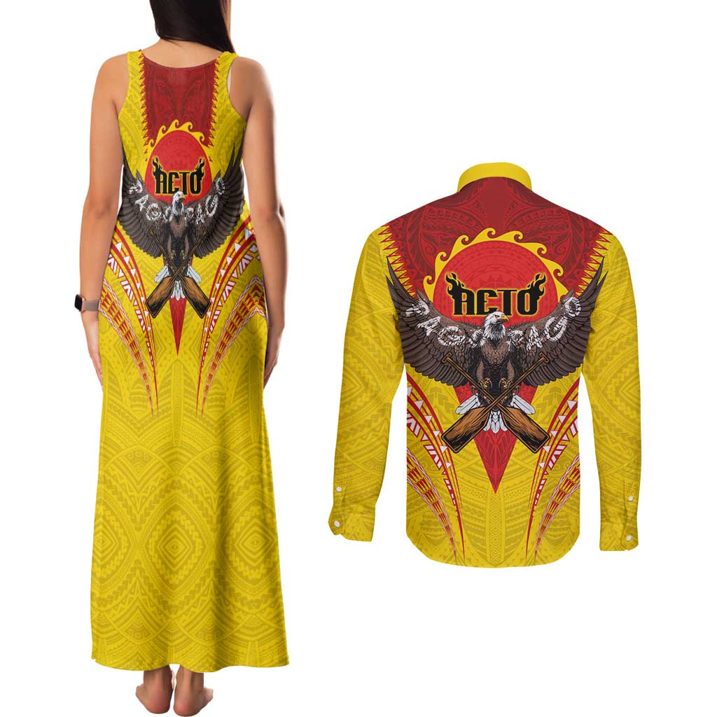 American Samoa Fautasi Race Couples Matching Tank Maxi Dress and Long Sleeve Button Shirt Pago Pago-Aeto Samoan Tattoo and Eagle LT03 - Polynesian Pride