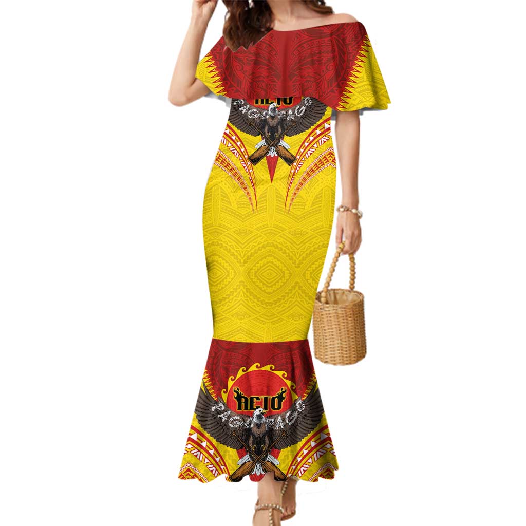 American Samoa Fautasi Race Family Matching Mermaid Dress and Hawaiian Shirt Pago Pago-Aeto Samoan Tattoo and Eagle LT03 Mom's Dress Yellow - Polynesian Pride