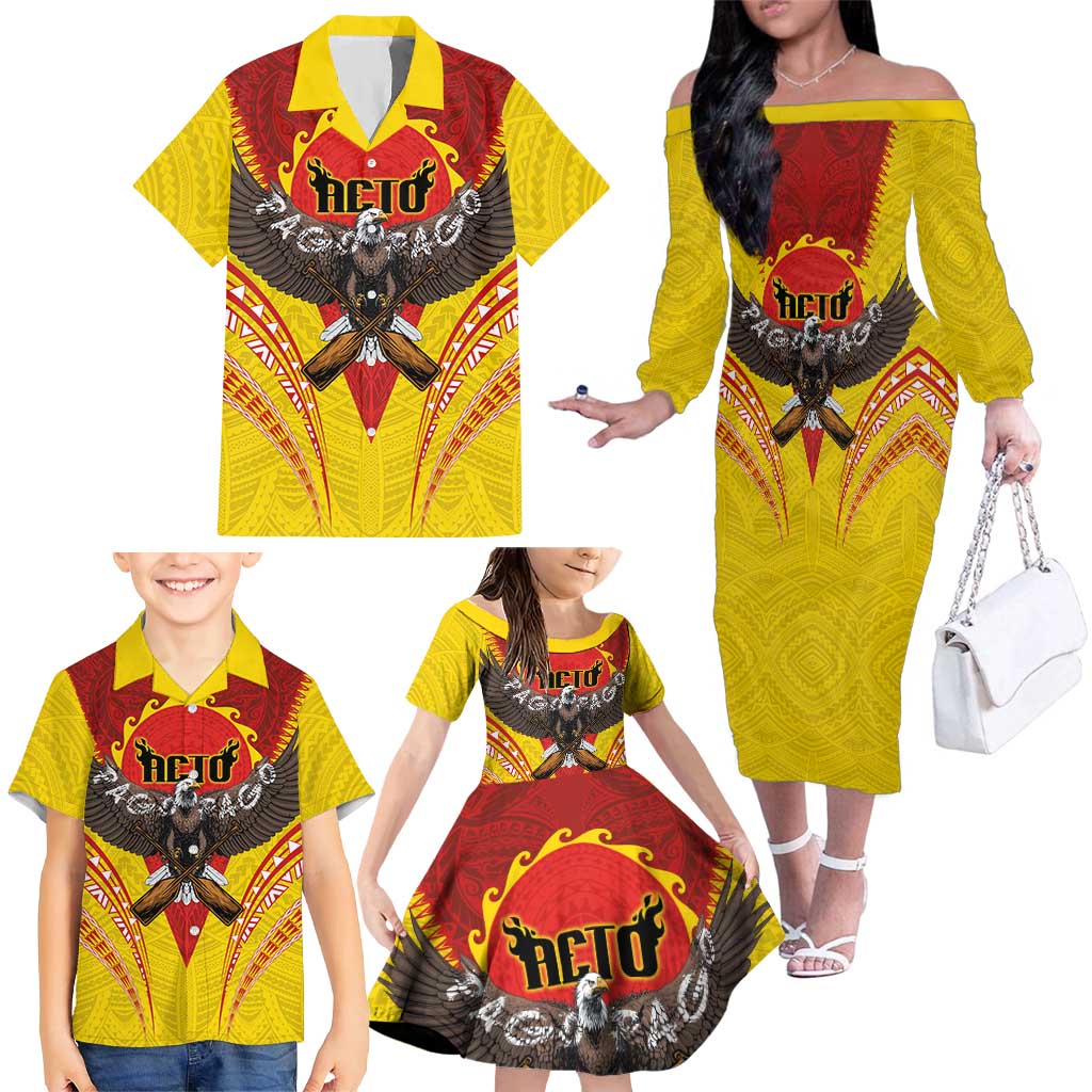 American Samoa Fautasi Race Family Matching Off The Shoulder Long Sleeve Dress and Hawaiian Shirt Pago Pago-Aeto Samoan Tattoo and Eagle LT03 - Polynesian Pride