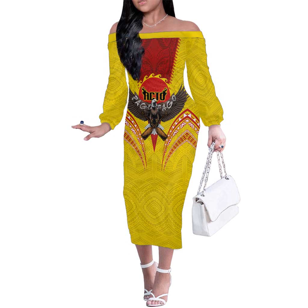 American Samoa Fautasi Race Family Matching Off The Shoulder Long Sleeve Dress and Hawaiian Shirt Pago Pago-Aeto Samoan Tattoo and Eagle LT03 Mom's Dress Yellow - Polynesian Pride