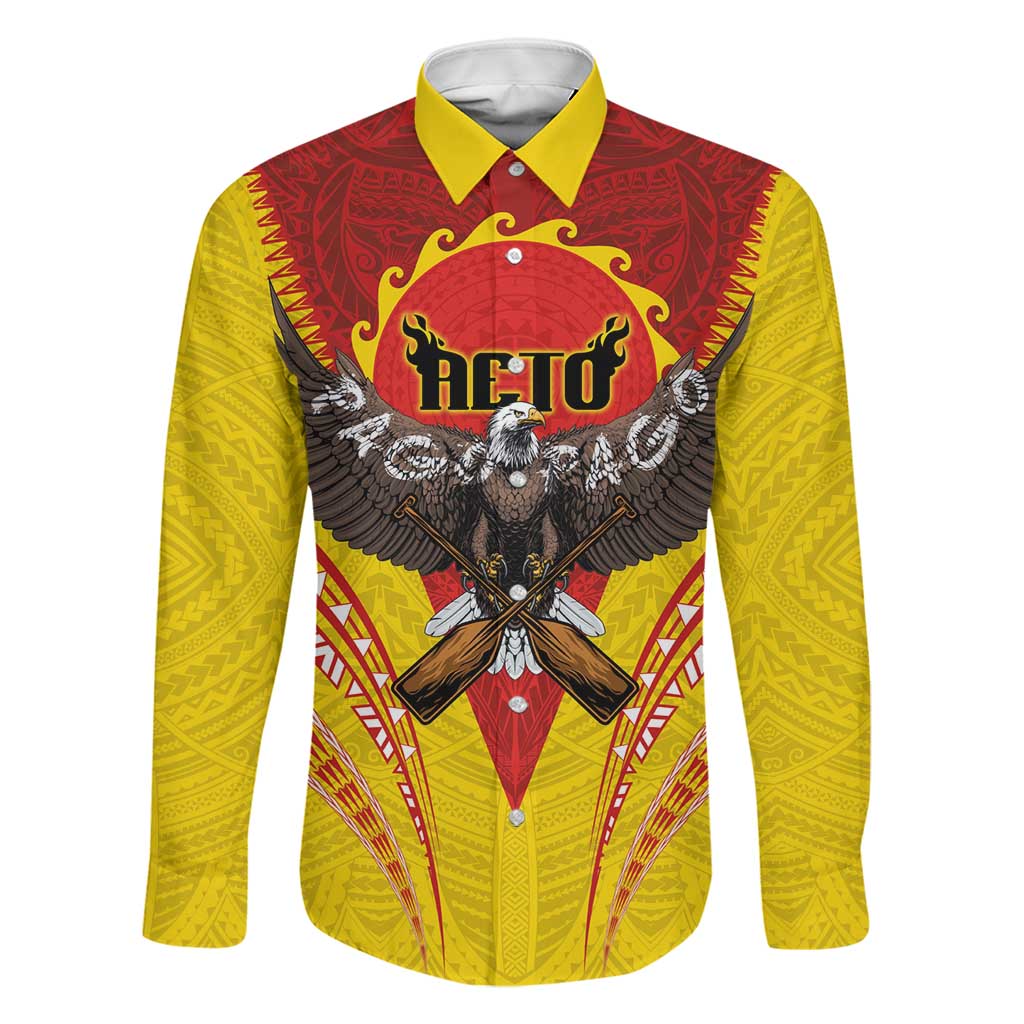 American Samoa Fautasi Race Family Matching Off Shoulder Short Dress and Hawaiian Shirt Pago Pago-Aeto Samoan Tattoo and Eagle LT03 Dad's Shirt - Long Sleeve Yellow - Polynesian Pride