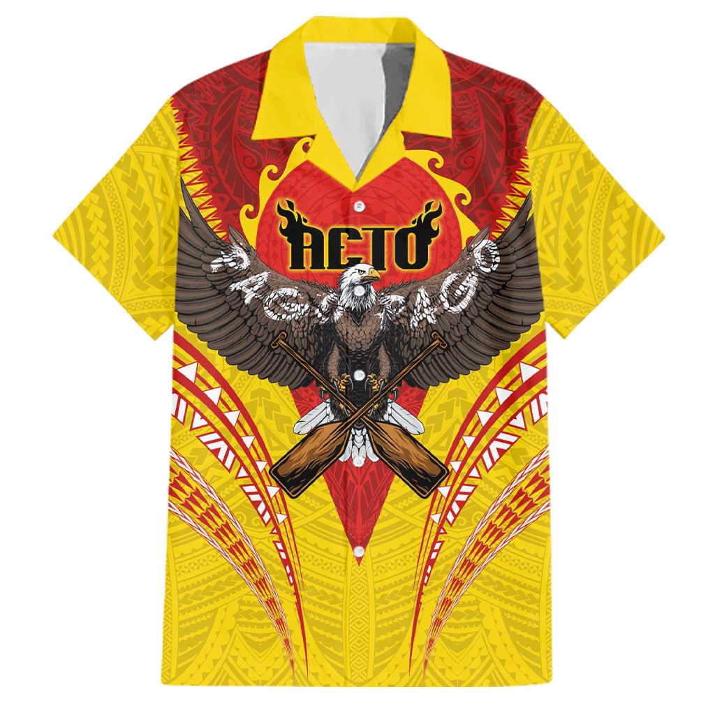 American Samoa Fautasi Race Family Matching Puletasi and Hawaiian Shirt Pago Pago-Aeto Samoan Tattoo and Eagle LT03 Dad's Shirt - Short Sleeve Yellow - Polynesian Pride