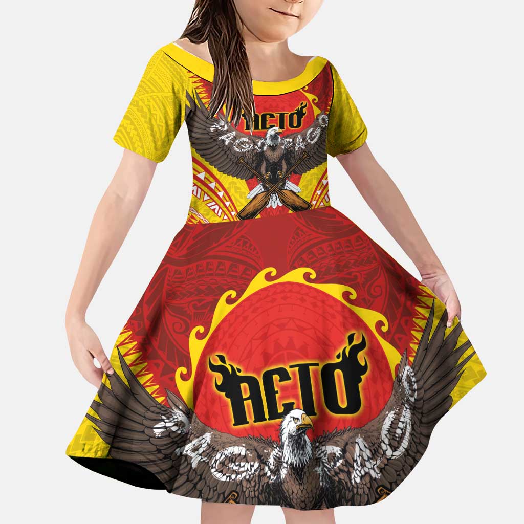 American Samoa Fautasi Race Family Matching Short Sleeve Bodycon Dress and Hawaiian Shirt Pago Pago-Aeto Samoan Tattoo and Eagle LT03 Daughter's Dress Yellow - Polynesian Pride