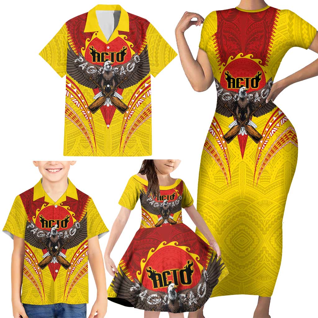 American Samoa Fautasi Race Family Matching Short Sleeve Bodycon Dress and Hawaiian Shirt Pago Pago-Aeto Samoan Tattoo and Eagle LT03 - Polynesian Pride