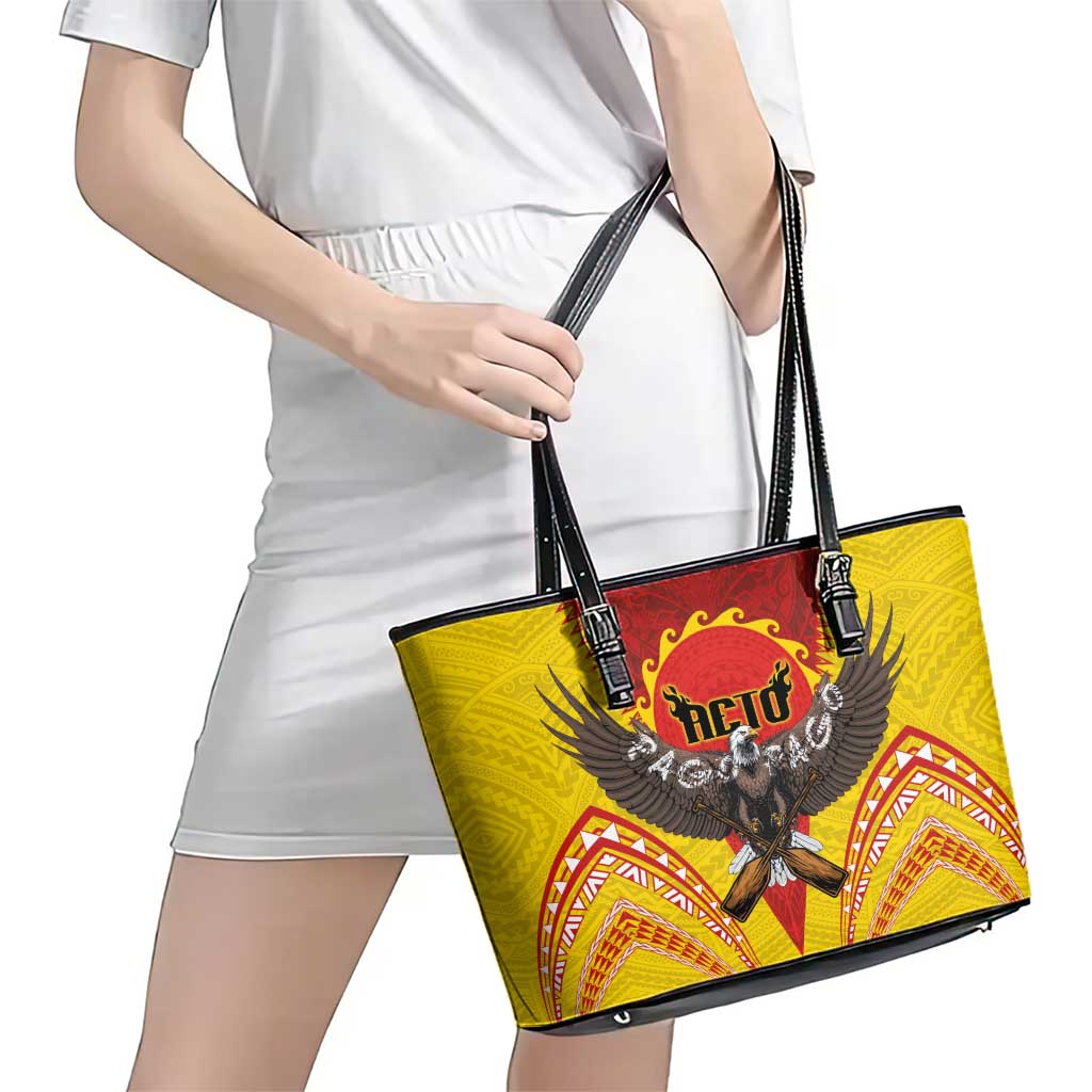 American Samoa Fautasi Race Leather Tote Bag Pago Pago-Aeto Samoan Tattoo and Eagle