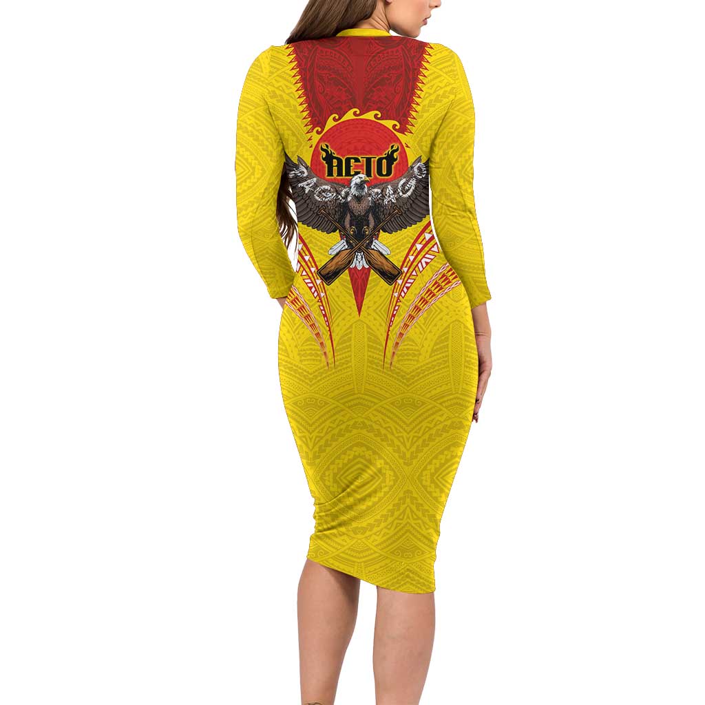 American Samoa Fautasi Race Long Sleeve Bodycon Dress Pago Pago-Aeto Samoan Tattoo and Eagle LT03 - Polynesian Pride