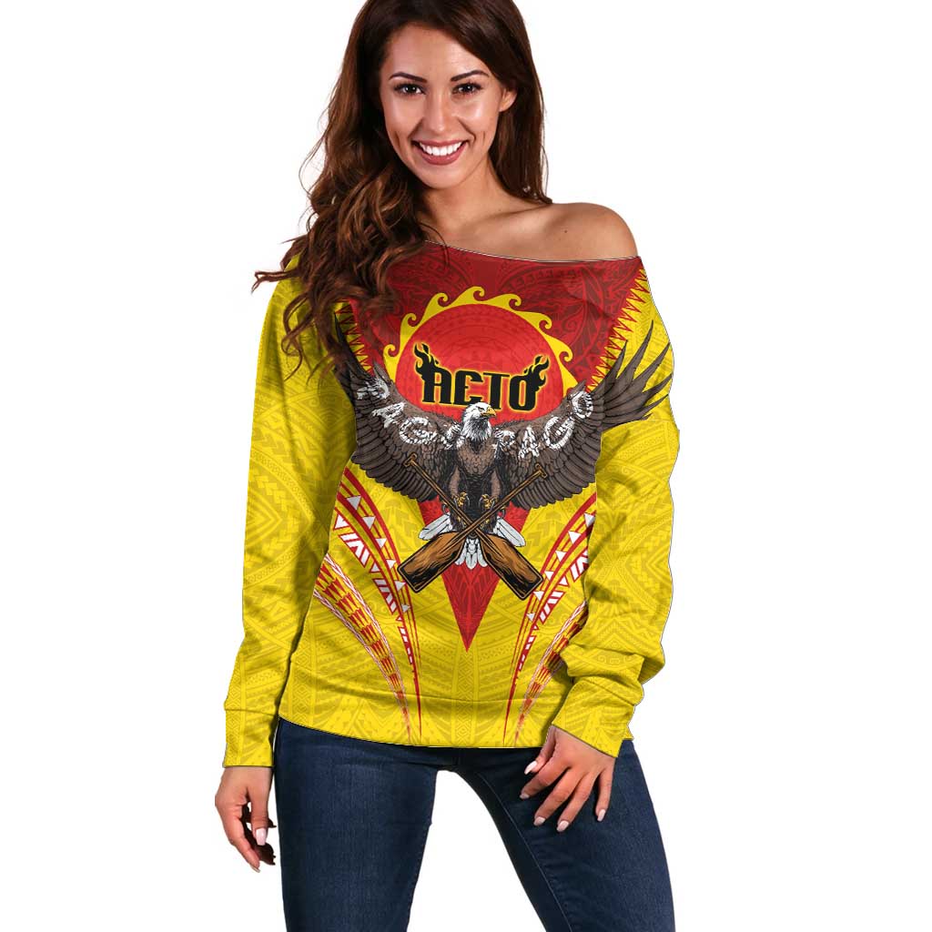 American Samoa Fautasi Race Off Shoulder Sweater Pago Pago-Aeto Samoan Tattoo and Eagle