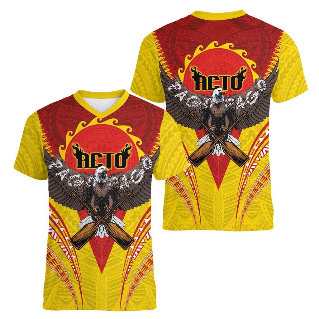 American Samoa Fautasi Race Women V-Neck T-Shirt Pago Pago-Aeto Samoan Tattoo and Eagle LT03 - Polynesian Pride