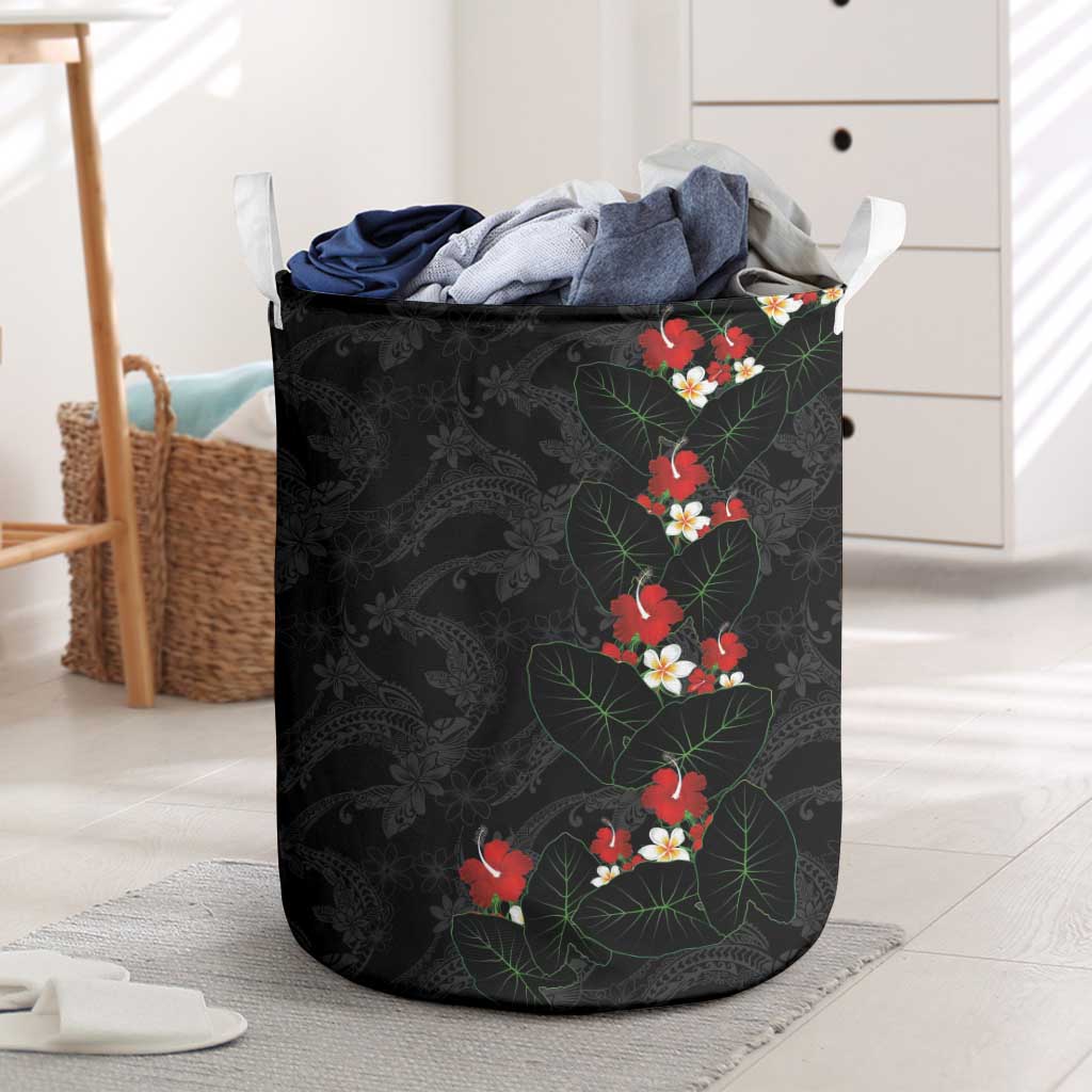 Hawaiian Taro Leaves-Hibiscus and Plumeria Laundry Basket Floral Tribal Tattoo Motif LT03 Black - Polynesian Pride