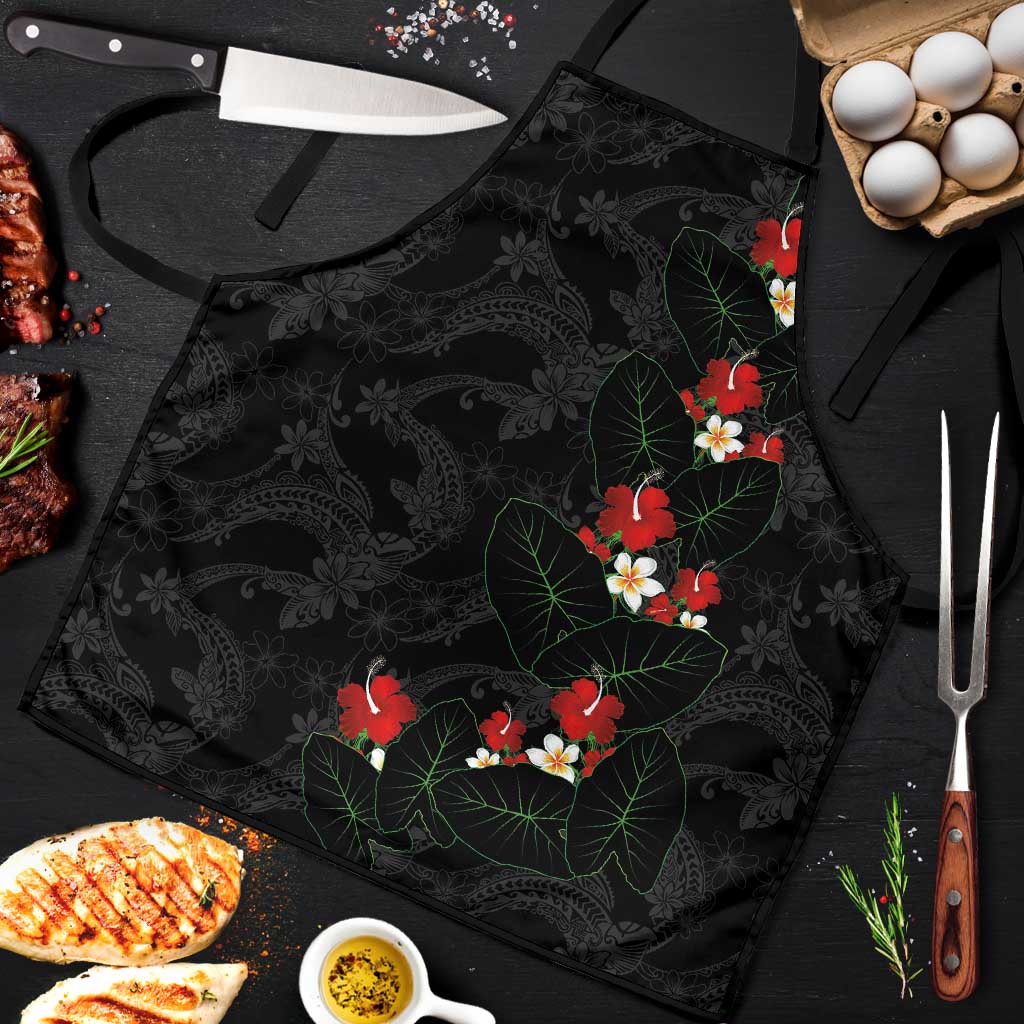 Hawaiian Taro Leaves-Hibiscus and Plumeria Apron Floral Tribal Tattoo Motif LT03 Black - Polynesian Pride