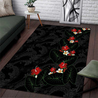 Hawaiian Taro Leaves-Hibiscus and Plumeria Area Rug Floral Tribal Tattoo Motif LT03 Black - Polynesian Pride