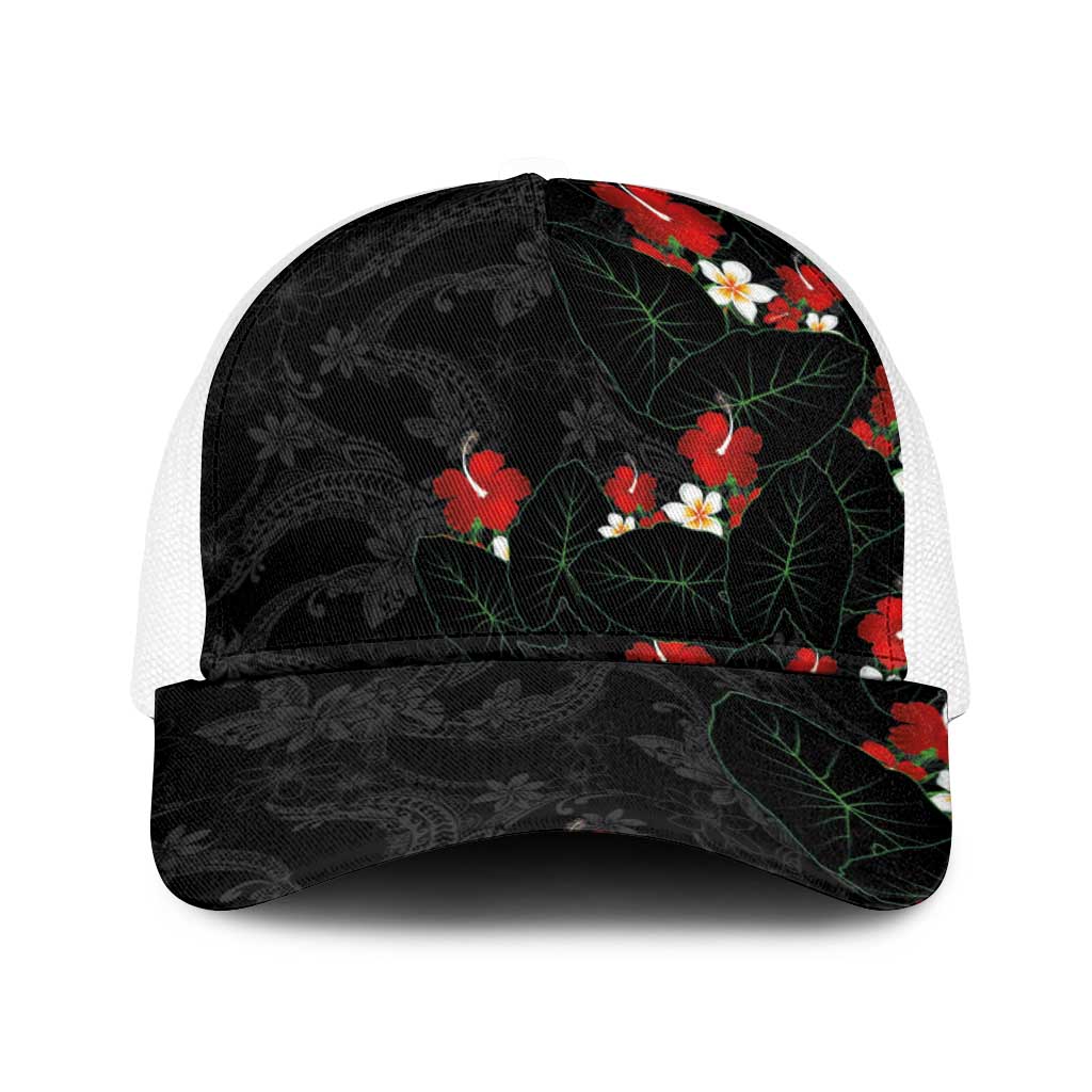 Hawaiian Taro Leaves-Hibiscus and Plumeria Baseball Net Cap Floral Tribal Tattoo Motif LT03 One Size White Black - Polynesian Pride
